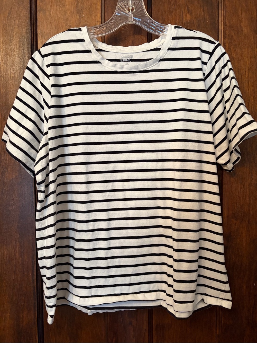 Lands’ End 1X Short Sleeve Tee Ivory & Black Breton Stripe 100% Cotton